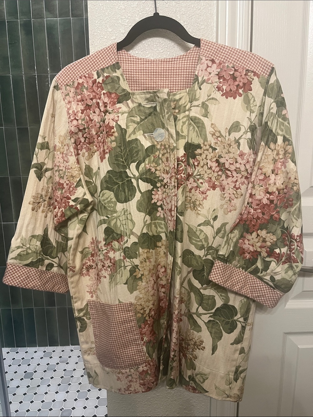 Handmade Vintage Floral Patchwork Quilted Jacket in Cream, Green & Dusty Rose